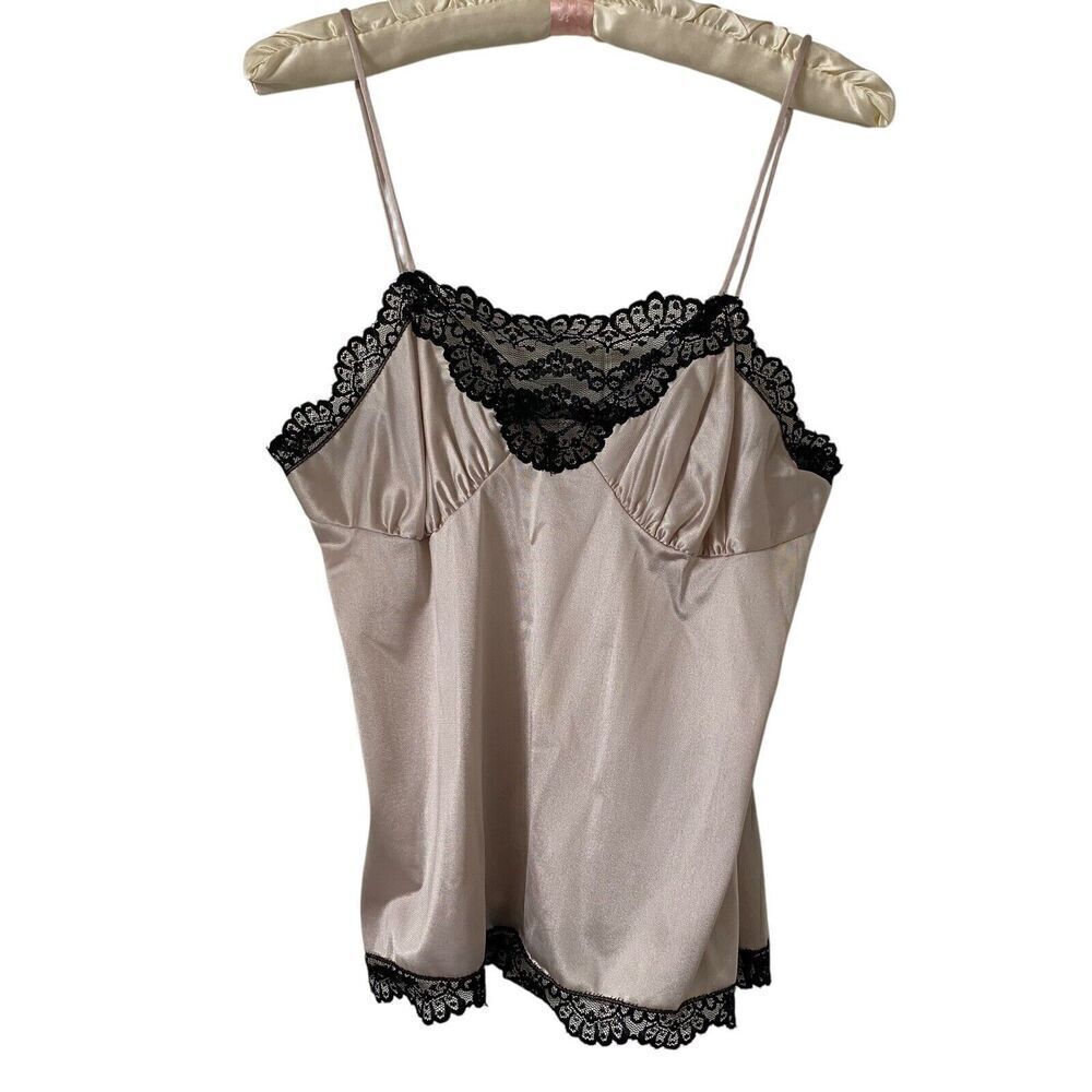 Vintage Camisole Top Women's Size 34 Beige Black Lace Trim Made in USA